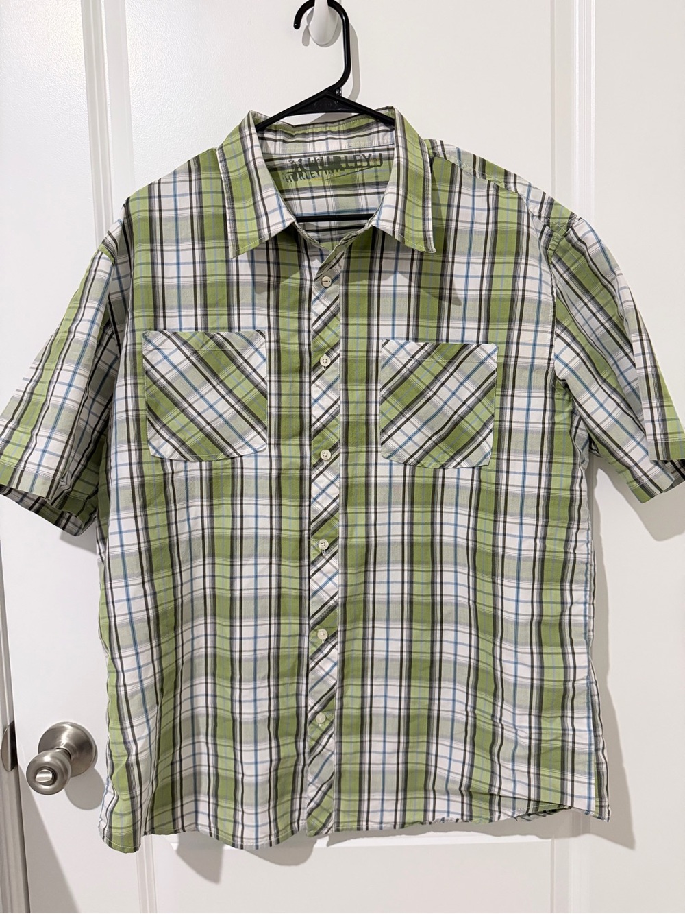 Hurley Green and White Plaid Short-Sleeve Button-Up Shirt